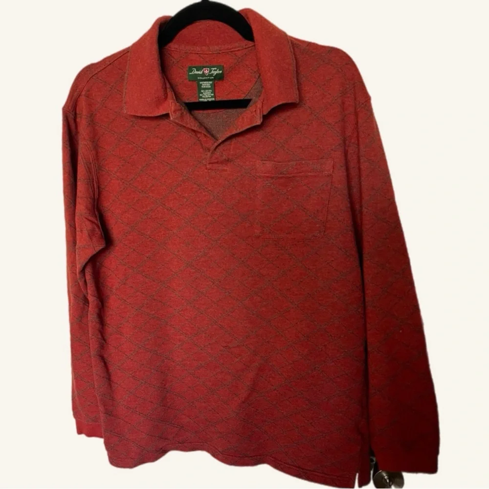 David's Taylor Men's Red Polo Shirt Medium‎ preppy Silent Luxury long sleeve